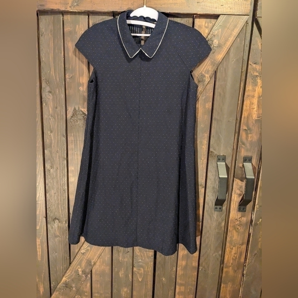 ZARA navy blue with white dots collared dress, size xs